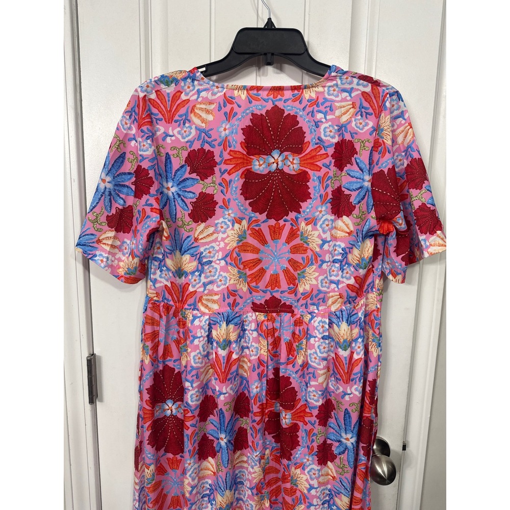 Pink Floral Keyhole Tie Front Maxi Dress Short Sleeve Boho Small Wedding Guest - Picture 6 of 8